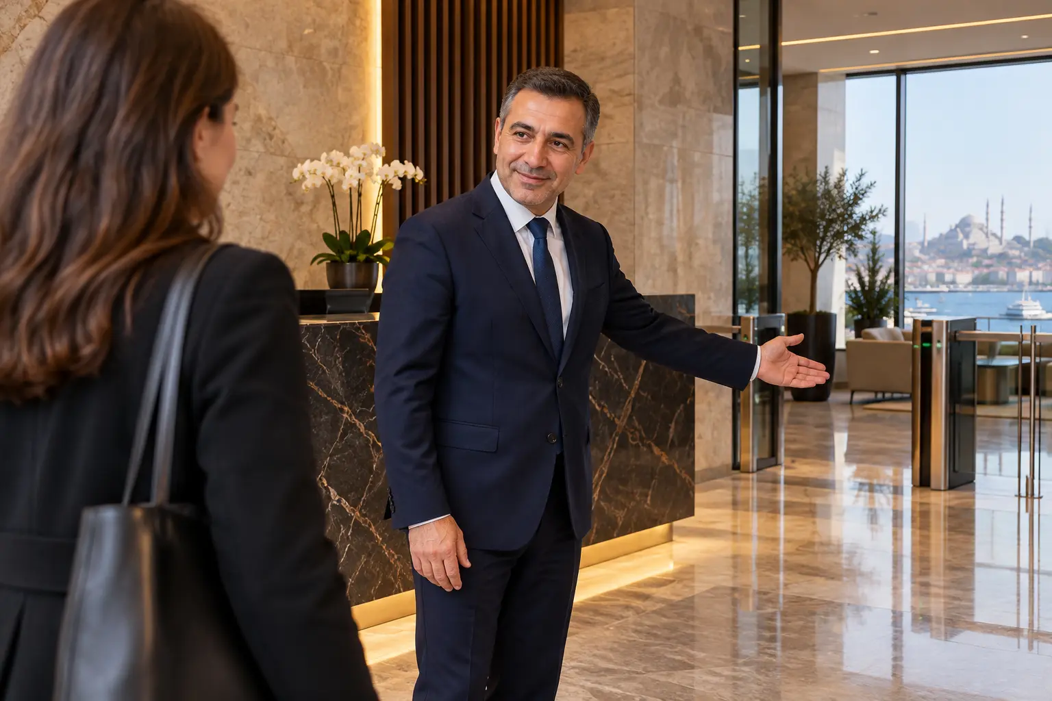 Illustrative stock photography of a professional assisting a visitor