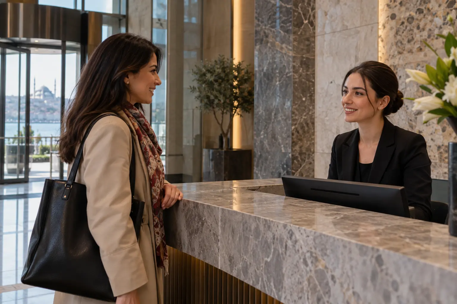 Illustrative stock photography of a professional welcoming a visitor at a contemporary office entrance