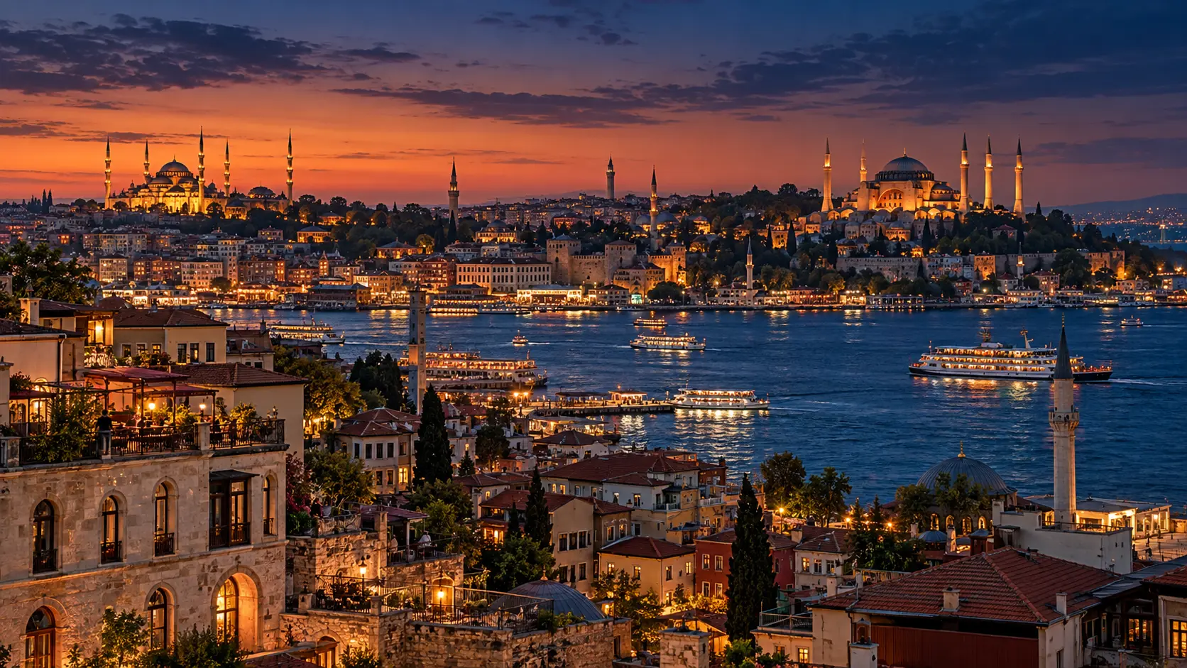 Illustrative city architecture at dusk
