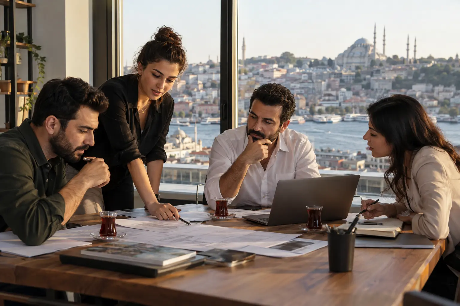 Professionals in a team discussion; illustrative editorial photography