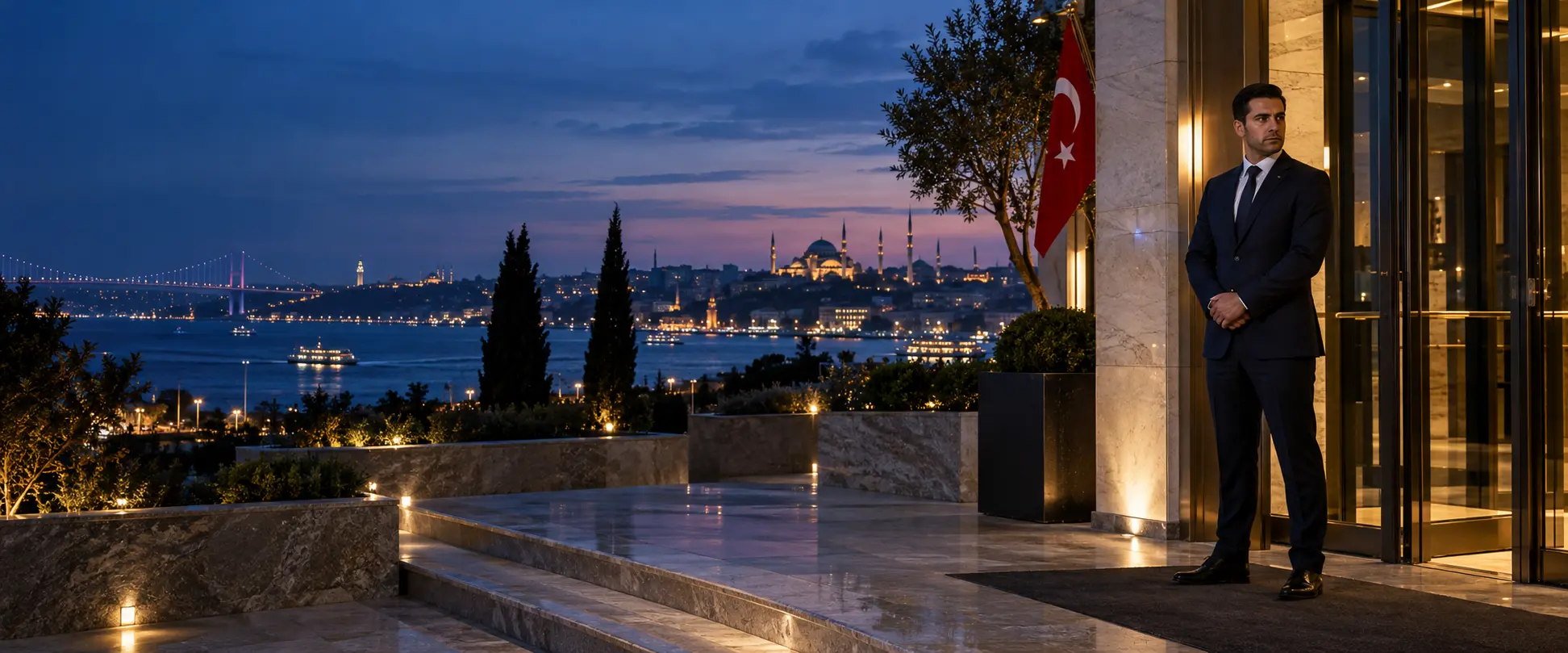 Illustrative stock photography of a security officer on duty at a modern building at night