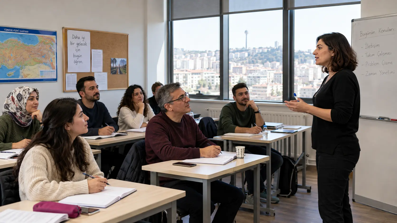 Instructor and adult learners in a classroom; illustrative stock photography